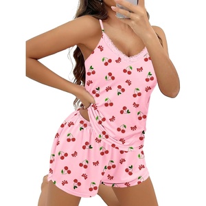Ekouaer Pajama Sets for Women Cute Printed Lace Cami Pj Shorts Set(Cherry)