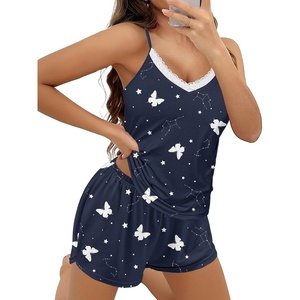 Ekouaer Pajama Sets for Women Cute Printed Lace Cami Pj Shorts Set(Navy Blue Star)
