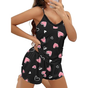 Ekouaer Pajama Sets for Women Cute Printed Lace Cami Pj Shorts Set(Pink Heart)