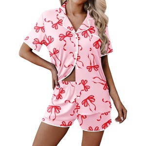 Ekouaer Pajamas for Women Set 2 Piece Soft Button Down Top and Shorts(Pink Bow Tie)