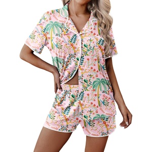 Ekouaer Pajamas for Women Set 2 Piece Soft Button Down Top and Shorts(Tropical Print)