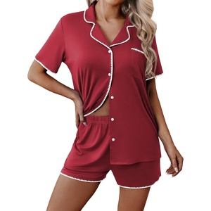 Ekouaer Pajamas for Women Set 2 Piece Soft Button Down Top and Shorts(Wine Red)