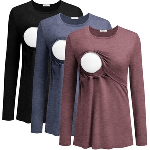 Ekouaer Women 3 Packs Nursing Shirts Long Sleeve Breastfeeding Tops Round Neck Postpartum Clothes Double Layer Maternity Tee(Black/Navy Blue/Dark Red)