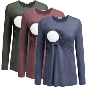 Ekouaer Women 3 Packs Nursing Shirts Long Sleeve Breastfeeding Tops Round Neck Postpartum Clothes Double Layer Maternity Tee(Navy Blue/Army Green/Dark Red)