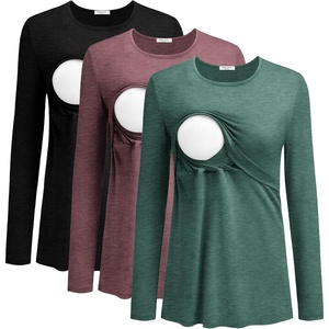Ekouaer Women Long Sleeve Nursing Shirts 3 Pack Breastfeeding Round Neck Top Double Layer Maternity Tshirt Pregnancy Clothes(Black/Light Green/Dark Red)