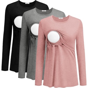 Ekouaer Women Long Sleeve Nursing Shirts 3 Pack Breastfeeding Round Neck Top Double Layer Maternity Tshirt Pregnancy Clothes(Black/Light Grey/Dirty Pink)
