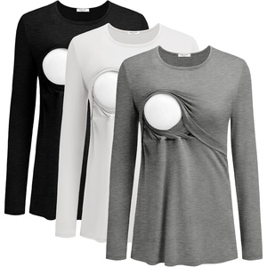 Ekouaer Women Long Sleeve Nursing Shirts 3 Pack Breastfeeding Round Neck Top Double Layer Maternity Tshirt Pregnancy Clothes(Black/White/Light Grey)
