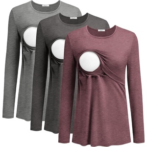 Ekouaer Women Long Sleeve Nursing Shirts 3 Pack Breastfeeding Round Neck Top Double Layer Maternity Tshirt Pregnancy Clothes(Dark Grey/Light Grey/Dark Red)
