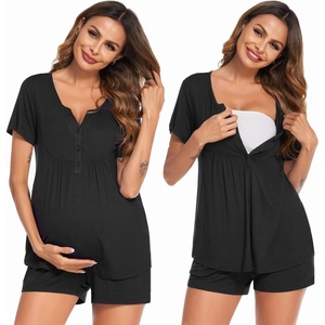 Ekouaer Women Maternity Nursing Pajama Sets Short Sleeve Postpartum Pajamas(Black)