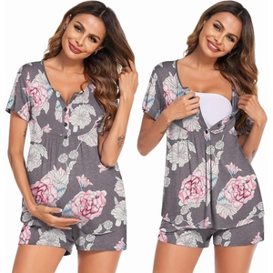 Ekouaer Women Maternity Nursing Pajama Sets Short Sleeve Postpartum Pajamas(Gray Flower)
