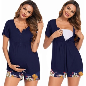 Ekouaer Women Maternity Nursing Pajama Sets Short Sleeve Postpartum Pajamas(Navy Blue Floral)