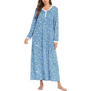 Ekouaer Women’s Long Sleeve Nightgown Full Length Sleepwear Long Sleepshirts Henley Sleep Dress(Blue White Floral)