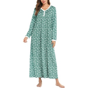 Ekouaer Women’s Long Sleeve Nightgown Full Length Sleepwear Long Sleepshirts Henley Sleep Dress(Green Floral)