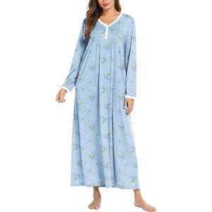 Ekouaer Women’s Long Sleeve Nightgown Full Length Sleepwear Long Sleepshirts Henley Sleep Dress(Light Blue Floral)