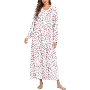 Ekouaer Women’s Long Sleeve Nightgown Full Length Sleepwear Long Sleepshirts Henley Sleep Dress(Pink Flower)