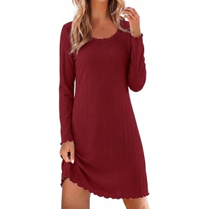 Ekouaer Women’s Long Sleeve Nightgown Soft Ribbed Sleep Dress Night Shirt(Wine Red)