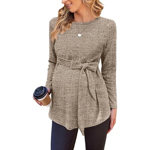 Ekouaer Women’s Maternity Shirts Long Sleeve Pregnancy Tops Casual Ribbed Knit Winter Pregnant Blouses(Macha Brown)