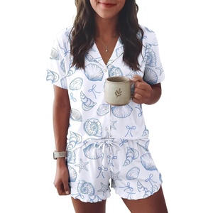 Ekouaer Womens Pajama Sets Button Down Cute Ruffled Pjs Set Sleepwear(Shell World)