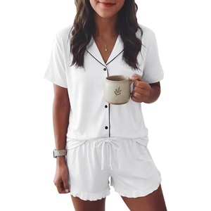 Ekouaer Womens Pajama Sets Button Down Cute Ruffled Pjs Set Sleepwear(White)