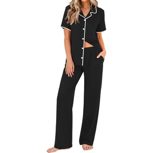 Ekouaer Womens Pajamas Set Button Down Loungewear Short Sleeve Pants Pjs(Black)