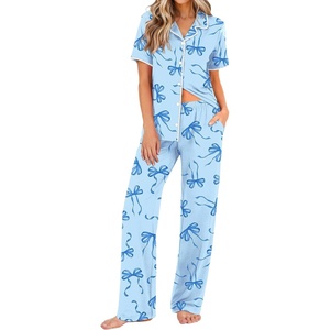 Ekouaer Womens Pajamas Set Button Down Loungewear Short Sleeve Pants Pjs(Blue Bow)