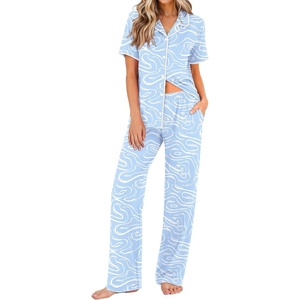 Ekouaer Womens Pajamas Set Button Down Loungewear Short Sleeve Pants Pjs(Blue Curve)