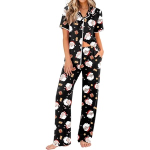 Ekouaer Womens Pajamas Set Button Down Loungewear Short Sleeve Pants Pjs(Christmas Black Santa)