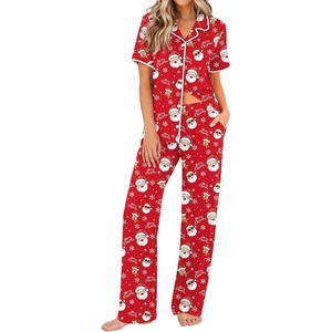 Ekouaer Womens Pajamas Set Button Down Loungewear Short Sleeve Pants Pjs(Christmas Red Santa)