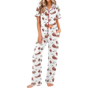 Ekouaer Womens Pajamas Set Button Down Loungewear Short Sleeve Pants Pjs(Christmas White Santa Sleigh)