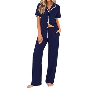 Ekouaer Womens Pajamas Set Button Down Loungewear Short Sleeve Pants Pjs(Navy Blue)