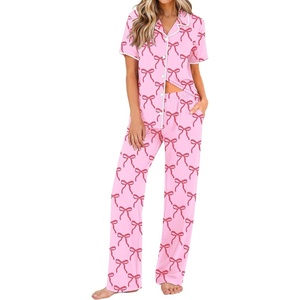 Ekouaer Womens Pajamas Set Button Down Loungewear Short Sleeve Pants Pjs(Pink Bow Knot)