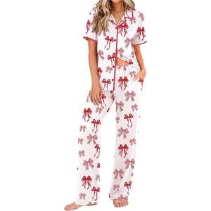 Ekouaer Womens Pajamas Set Button Down Loungewear Short Sleeve Pants Pjs(Red Bow)