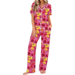 Ekouaer Womens Pajamas Set Button Down Loungewear Short Sleeve Pants Pjs(Red Flowers)