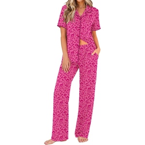 Ekouaer Womens Pajamas Set Button Down Loungewear Short Sleeve Pants Pjs(Rose Leopard)
