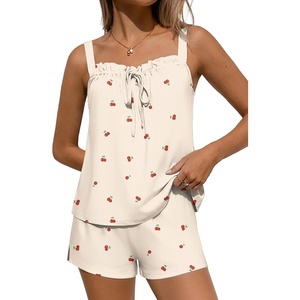 Ekouaer Womens Sleeveless Pajamas Sets Cute Tank Top and Shorts Lounge Set(Beige Cherry)