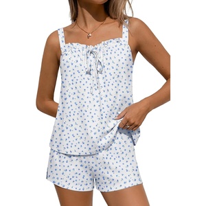 Ekouaer Womens Sleeveless Pajamas Sets Cute Tank Top and Shorts Lounge Set(Blue Florals)