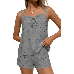 Ekouaer Womens Sleeveless Pajamas Sets Cute Tank Top and Shorts Lounge Set(Grey Bow)