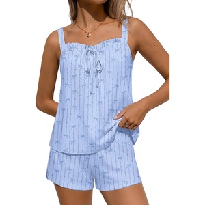 Ekouaer Womens Sleeveless Pajamas Sets Cute Tank Top and Shorts Lounge Set(Heart Bow Blue)