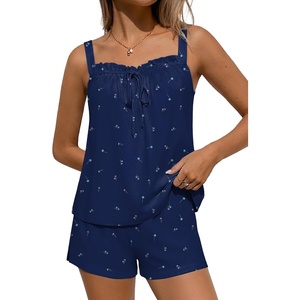 Ekouaer Womens Sleeveless Pajamas Sets Cute Tank Top and Shorts Lounge Set(Navy Florals)
