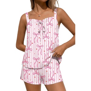 Ekouaer Womens Sleeveless Pajamas Sets Cute Tank Top and Shorts Lounge Set(Striped Heart Bow)