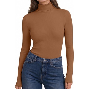 Ekouaer Womens Turtleneck Tops Winter Ribbed Long Sleeve Shirts(Light Brown)