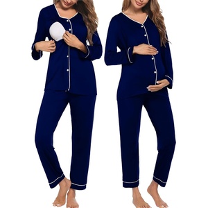 Maternity Pajamas Set Nursing Pregnancy Breastfeeding Postpartum Lounge Pjs(Navy Blue)