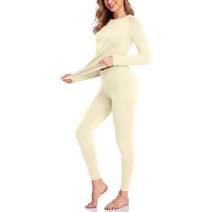 Thermal Underwear for Women Fleece Linen Long John Sets Warm Base Layer(Beige)