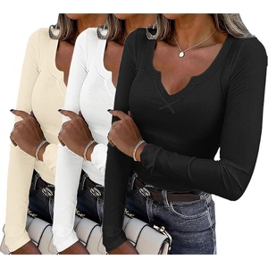 Womens Long Sleeve Shirts V Neck Slim Fit Tops Thermal Undershirts 3 Pack(Black/Beige/White)