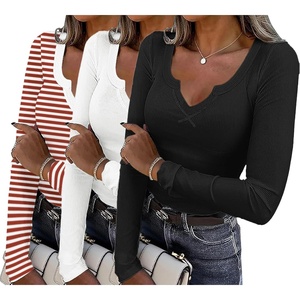 Womens Long Sleeve Shirts V Neck Slim Fit Tops Thermal Undershirts 3 Pack(Red White Stripped/Black/White)
