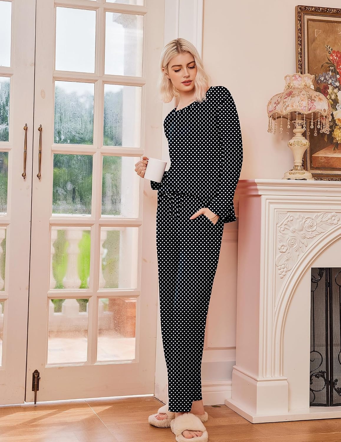 image:imageEkouaer 2 Pack Womens Pajama Sets Long Sleeve Long Pants Pjs LoungewearBlack DotsLight Pink Striped