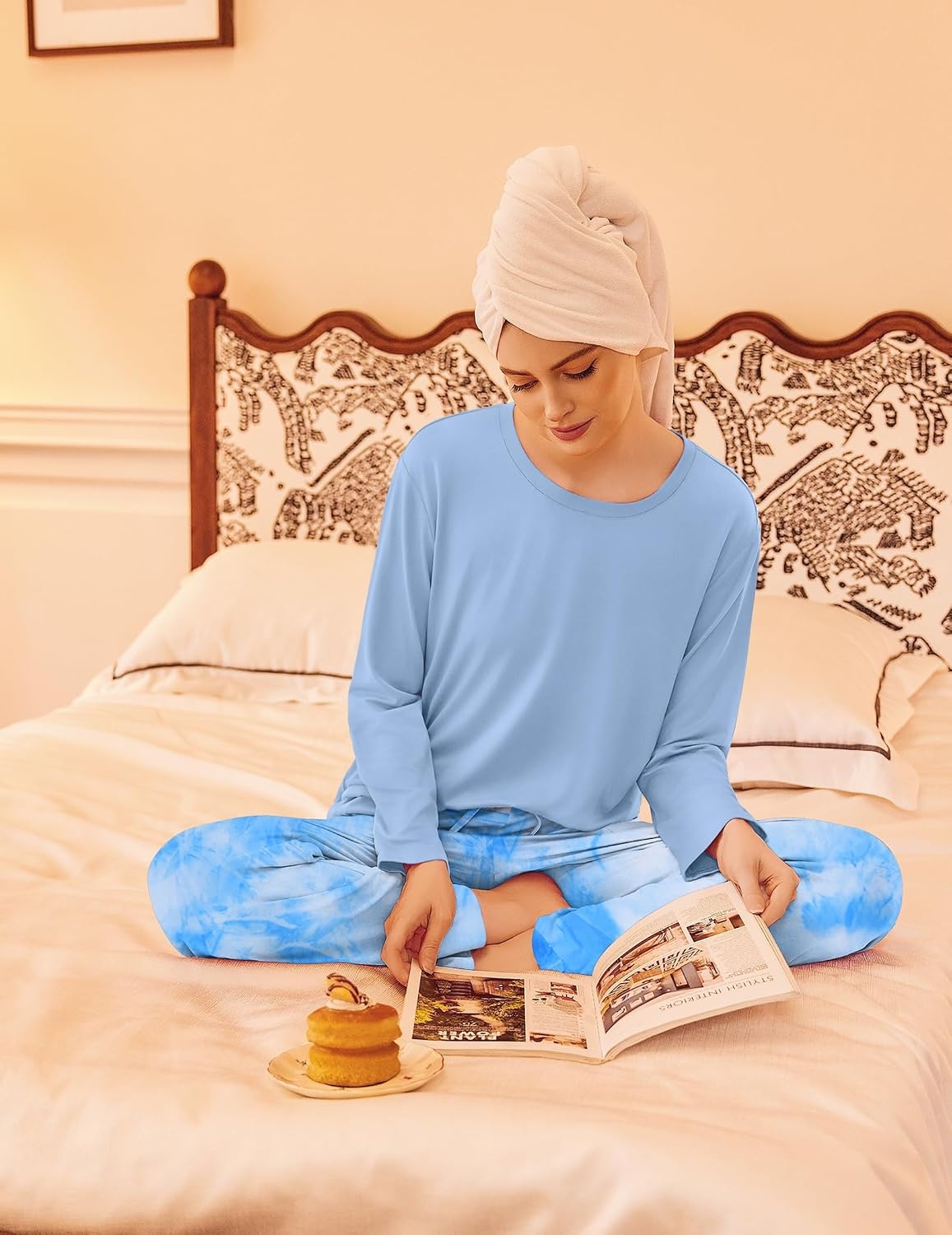 image:imageEkouaer 2 Pack Womens Pajama Sets Long Sleeve Long Pants Pjs LoungewearTiedye BlueTiedye Pink