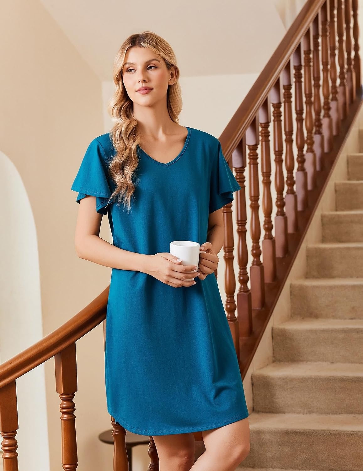 image:imageEkouaer Cotton Nightgowns for Women 3 Pack Short Sleeve Sleepshirts TshirtBlackGreyBlue Green