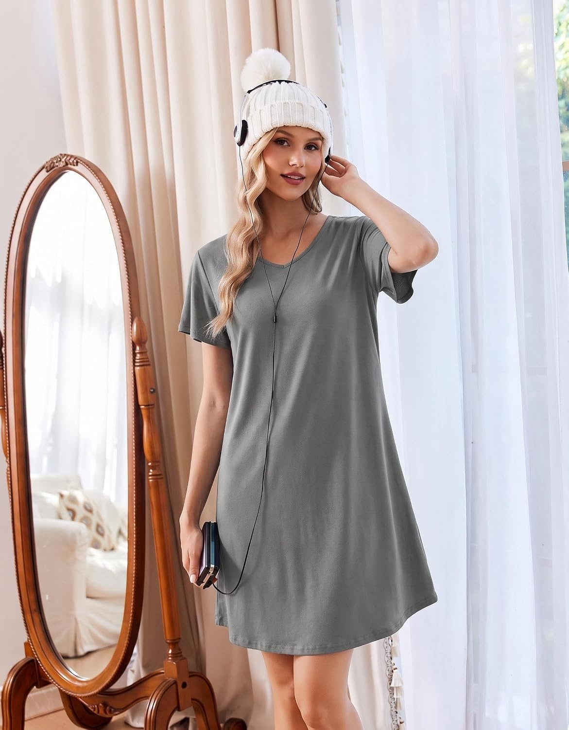 image:imageEkouaer Cotton Nightgowns for Women 3 Pack Short Sleeve Sleepshirts TshirtBlackGreyBlue Green