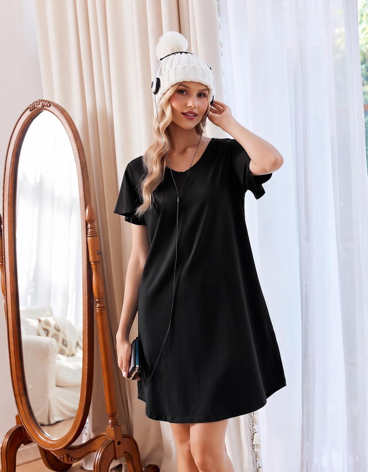 image:imageEkouaer Cotton Nightgowns for Women 3 Pack Short Sleeve Sleepshirts TshirtBlackGreyLeopard